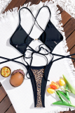 Deep Coffee Sexy Leopard Print Hollow Out Strap Design Swimwears