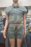 Sky Blue Sexy Solid Color Buckle Turndown Collar Sleeveless Two Pieces