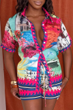 Red Casual Print Buckle Turndown Collar Short Sleeve Two Pieces