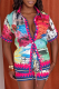 Red Casual Print Buckle Turndown Collar Short Sleeve Two Pieces