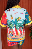 Red Casual Print Buckle Turndown Collar Short Sleeve Two Pieces