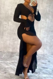 Black Sexy Solid Color Hollow Out V Neck Irregular Dresses