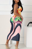Pink Sexy Print Oblique Collar Long Dresses