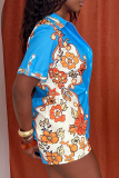 Red Casual Print Buckle Turndown Collar Short Sleeve Two Pieces