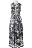 Blue Elegant Print Buckle Turndown Collar Long Dresses