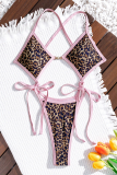 Deep Coffee Sexy Leopard Print Hollow Out Strap Design Swimwears