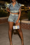Sky Blue Sexy Solid Color Buckle Turndown Collar Sleeveless Two Pieces