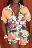 Red Casual Print Buckle Turndown Collar Short Sleeve Two Pieces