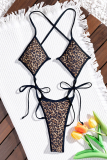 Deep Coffee Sexy Leopard Print Hollow Out Strap Design Swimwears