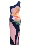 Pink Sexy Print Oblique Collar Long Dresses