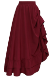 Burgundy Elegant Solid Color Ruched Loose High Waist Patchwork Bottoms