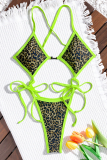 Deep Coffee Sexy Leopard Print Hollow Out Strap Design Swimwears
