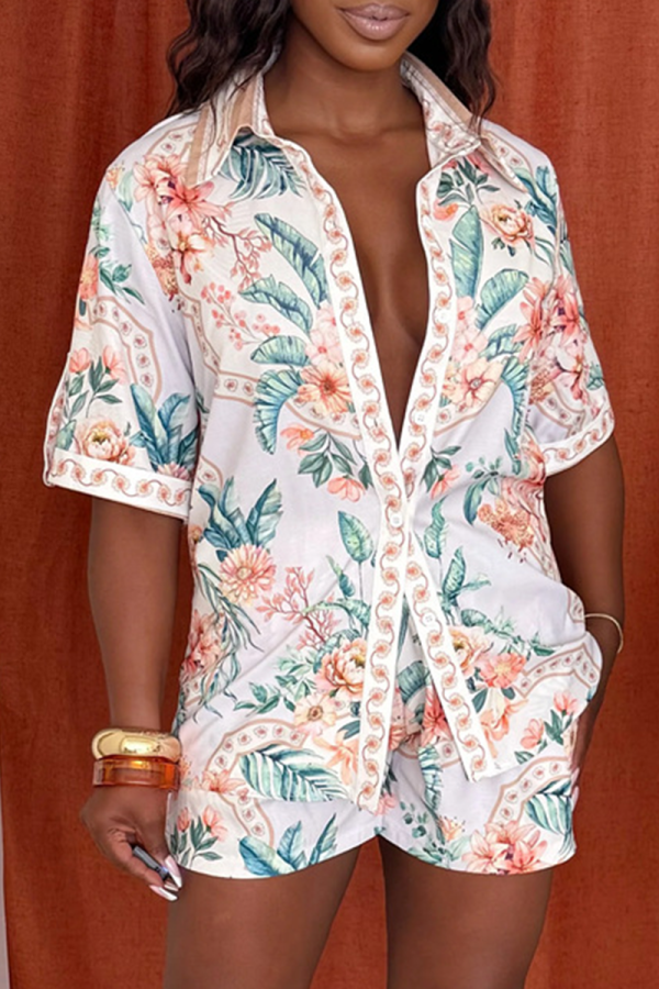 White Casual Print Buckle Turndown Collar Short Sleeve Two Pieces