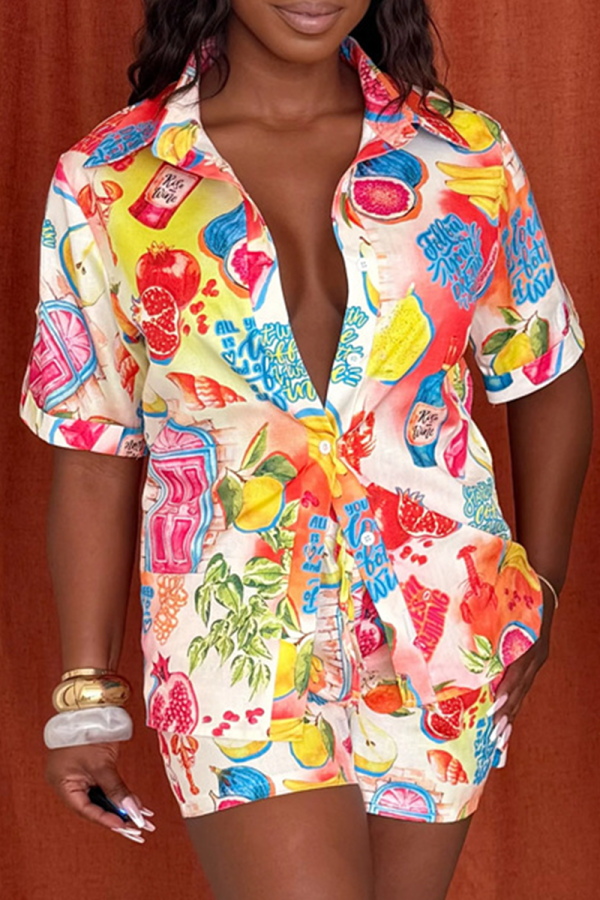 Red White Casual Print Buckle Turndown Collar Short Sleeve Two Pieces