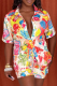 Red White Casual Print Buckle Turndown Collar Short Sleeve Two Pieces