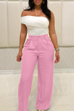 Pink Casual Solid Color Loose Mid Waist Conventional Patchwork Bottoms