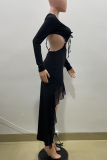 Black Sexy Solid Color Hollow Out V Neck Irregular Dresses