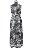 Blue Elegant Print Buckle Turndown Collar Long Dresses