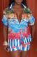 Blue Stripe Casual Print Buckle Turndown Collar Short Sleeve Two Pieces