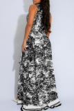 Blue Elegant Print Buckle Turndown Collar Long Dresses