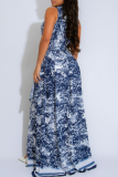 Blue Elegant Print Buckle Turndown Collar Long Dresses