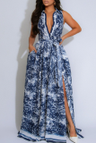 Blue Elegant Print Buckle Turndown Collar Long Dresses