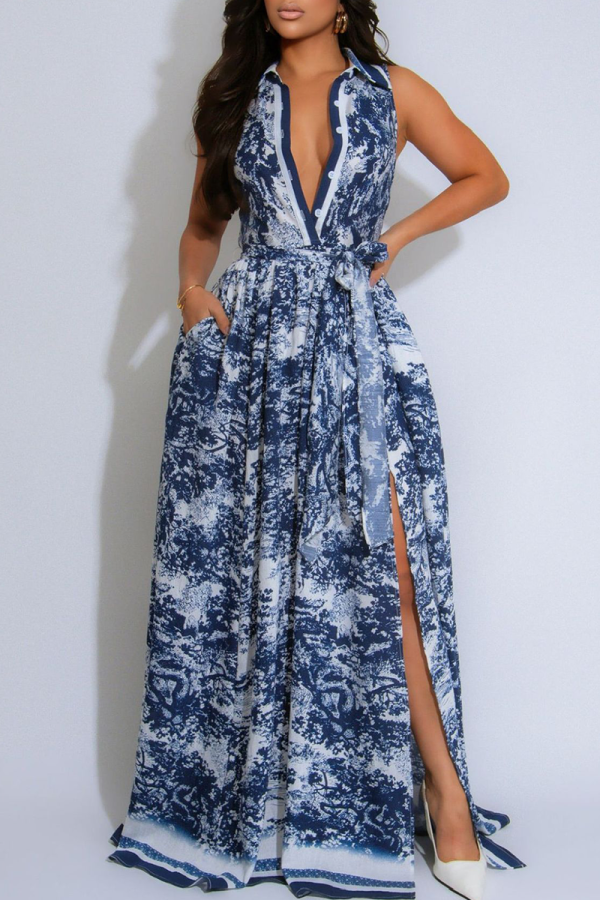 Blue Elegant Print Buckle Turndown Collar Long Dresses
