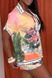 Red Casual Print Buckle Turndown Collar Short Sleeve Two Pieces