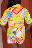 Red Casual Print Buckle Turndown Collar Short Sleeve Two Pieces