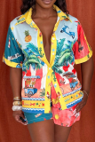 Red Casual Print Buckle Turndown Collar Short Sleeve Two Pieces