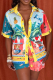 Green Yellow Casual Print Buckle Turndown Collar Short Sleeve Two Pieces