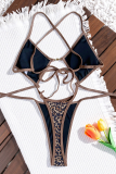 Deep Coffee Sexy Leopard Print Hollow Out Strap Design Swimwears