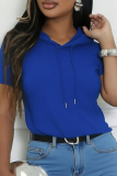 Blue Casual Solid Color Draw String Hooded T-Shirts