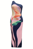 Pink Sexy Print Oblique Collar Long Dresses