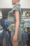 Sky Blue Sexy Solid Color Buckle Turndown Collar Sleeveless Two Pieces