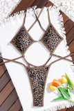 Deep Coffee Sexy Leopard Print Hollow Out Strap Design Swimwears