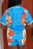 Red Casual Print Buckle Turndown Collar Short Sleeve Two Pieces