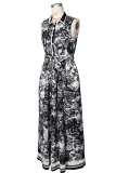 Blue Elegant Print Buckle Turndown Collar Long Dresses