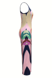 Pink Sexy Print Oblique Collar Long Dresses