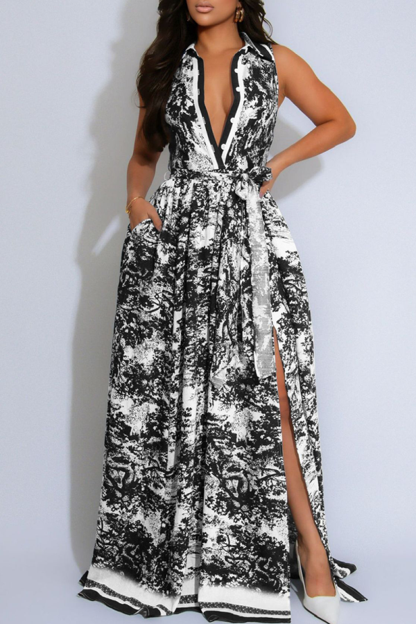 Black Elegant Print Buckle Turndown Collar Long Dresses