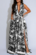 Black Elegant Print Buckle Turndown Collar Long Dresses