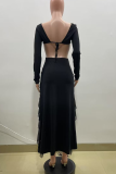 Black Sexy Solid Color Hollow Out V Neck Irregular Dresses