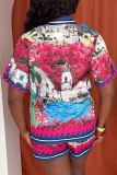 Red Casual Print Buckle Turndown Collar Short Sleeve Two Pieces