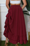 Burgundy Elegant Solid Color Ruched Loose High Waist Patchwork Bottoms