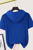 Blue Casual Solid Color Draw String Hooded T-Shirts