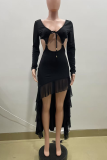 Black Sexy Solid Color Hollow Out V Neck Irregular Dresses