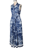 Blue Elegant Print Buckle Turndown Collar Long Dresses