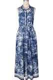 Blue Elegant Print Buckle Turndown Collar Long Dresses