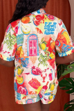 Red Casual Print Buckle Turndown Collar Short Sleeve Two Pieces
