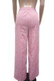 Pink Casual Solid Color Loose Mid Waist Conventional Patchwork Bottoms